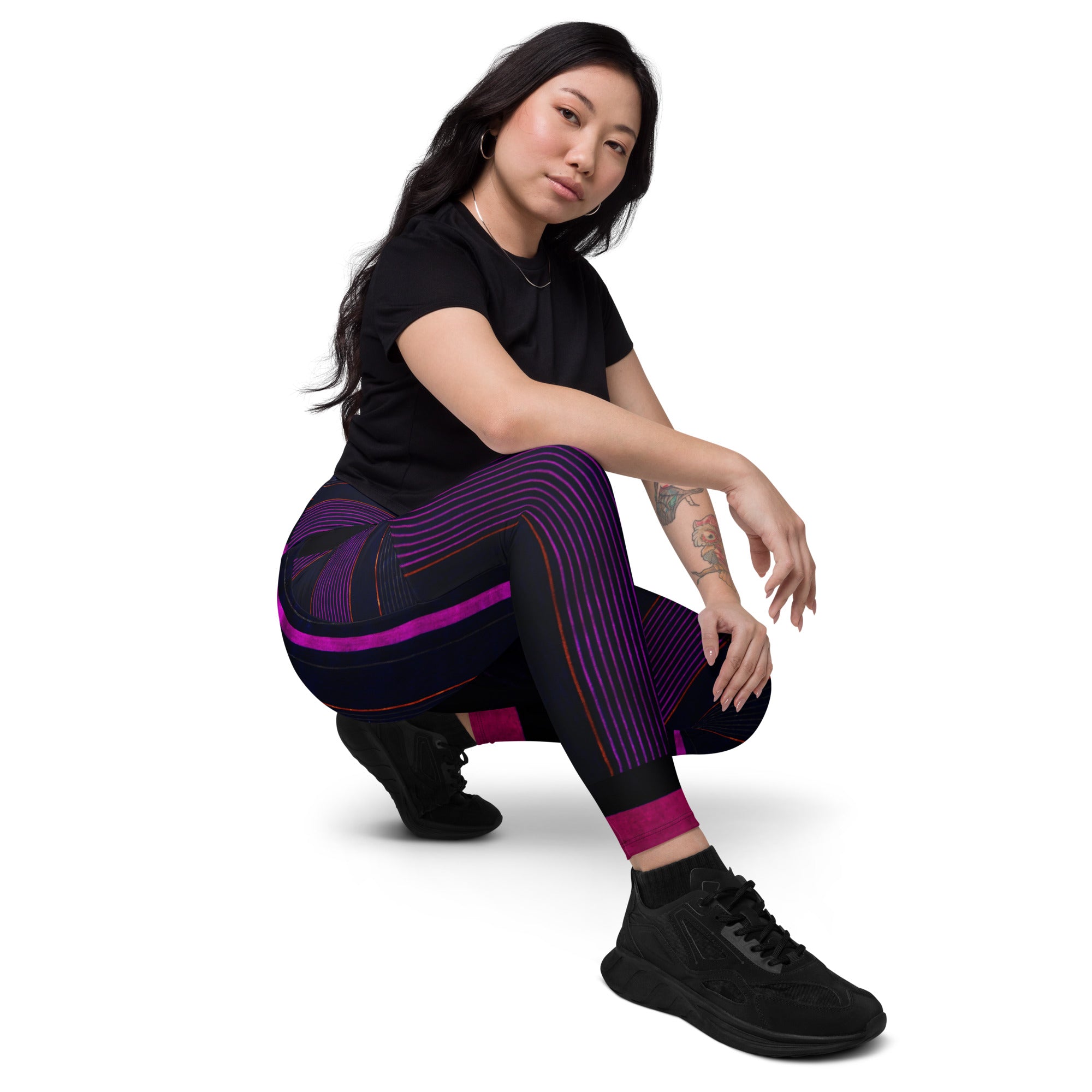 Black Gym Leggings with Pockets. Purple Pin Stripes Dance Leggings. Crossover Waist Yoga Pants. "Peppermint" by WickedYo.
